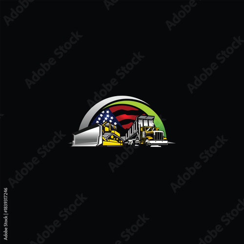 Heavy machinery with American flag backdrop