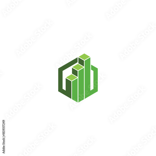 Green hexagon financial growth bars icon