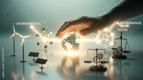 Wallpaper Mural Hand Touching Pixelated Globe near Wind Turbines Solar Panels and Scales on Reflective Surface in Studio Lighting Torontodigital.ca