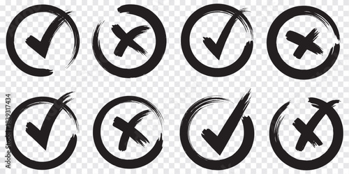 Check tick mark icon set. Cross box x check mark checkbox v list vector draw hand drawn sketch doodle brush marker checklist symbol wrong right circle. Vector