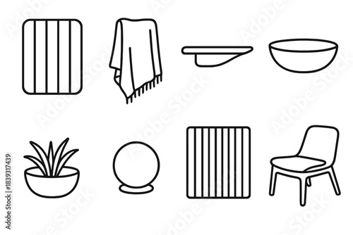 Minimalist Calm Icons. Calming Spatial Elements linear set: acoustic panel, linen throw, minimalist shelf, pebble bowl, low plant pot, soft orb light, wooden slat screen, quiet