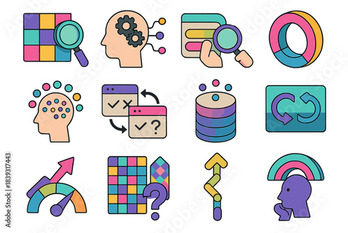 Isometric Analysis Icons. Excessive Analysis Patterns flat isometric set: scrutiny tile, overthinking node, detail-check bar, hesitation cue ring, mental strain dot,
