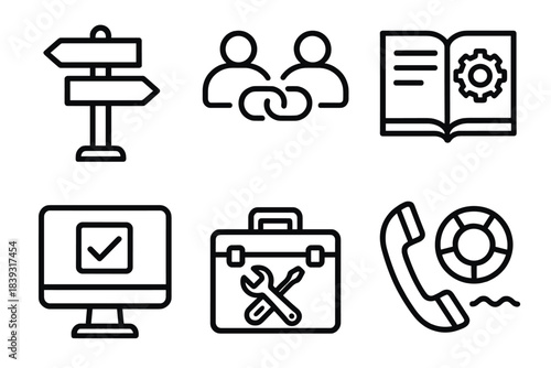 Talent Support Icons. Talent Support Infrastructure linear set: career path sign, mentorship link, development booklet, benefits portal, resource toolkit, support lifeline.