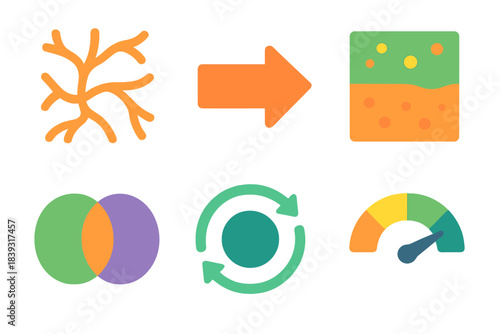 Vibrant Ecosystem Icons. Living Infrastructure Set flat set: fungal hyphae strand, nutrient flow arrow, soil structure tile, symbiotic organism icon, adaptive growth loop,
