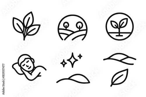 Nature Wellness Icons. Green Wellness Elements linear set: foliage cluster, serene meadow arc, eco-balance wheel, quiet stream bend, mindful rest icon, nature sparkles, rolling