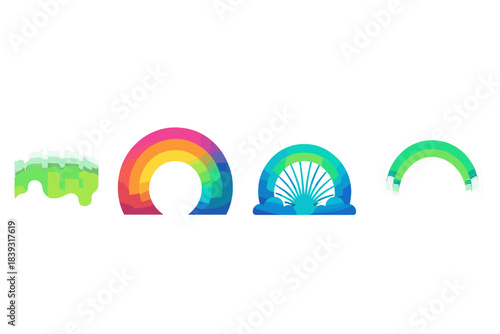 Vibrant Aurora Icons. Spectral Atmosphere Displays flat set: aurora veil, prismatic sky band, ion-glow arc.