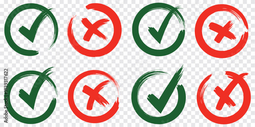 Check tick mark icon set. Cross box x check mark checkbox v list vector draw hand drawn sketch doodle brush marker checklist symbol wrong right circle. Vector