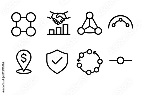 Blockchain Network Icons. Autonomous coordination networks linear set: peer cluster tile, trustless consensus bar, verification node, open-rule arc, incentive marker, crypto seal,