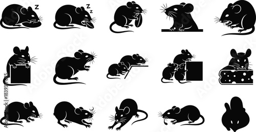 Collection of 15 black and white mouse silhouettes in various poses