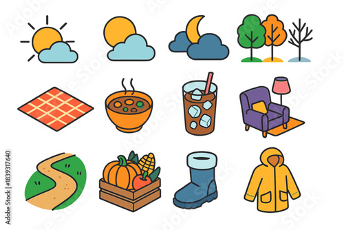 Seasonal Lifestyle Icons. Lifestyle Through Seasons isometric flat set: morning sun, afternoon shade, evening chill, seasonal tree stages, picnic cloth, warm stew bowl, iced