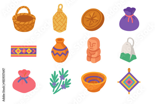 Isometric Gift Icons. World Gift Exchange Set isometric flat set: handmade basket, reed pouch, wooden token, spice satchel, cultural ribbon, ceramic vessel, small carving, tea