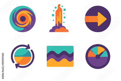 Alien Weather Symbols. Extraterrestrial Weather Patterns flat set: supersized storm eye, mixed-gas plume, tidal wind arrow, global circulation loop, atmospheric wave, variability