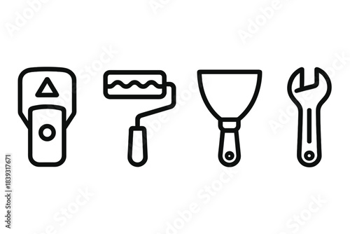 Indoor Maintenance Tools. Indoor Maintenance Kit linear set: stud finder, paint roller, filler spatula.