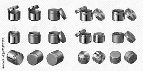 Set of metal cosmetic jars or tins for cream, balm, or wax in various angles and states.