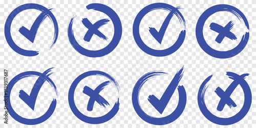 Check tick mark icon set. Cross box x check mark checkbox v list vector draw hand drawn sketch doodle brush marker checklist symbol wrong right circle. Vector