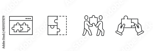 Puzzle collaboration icon set, website plugin pieces, missing jigsaw block, team holding part, hands connecting solution outline vector illustration.