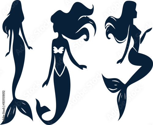 Mermaid icon vector collection featuring graceful silhouettes, ideal for spa branding, beauty logos, sea life artwork, and fairytale concepts.
