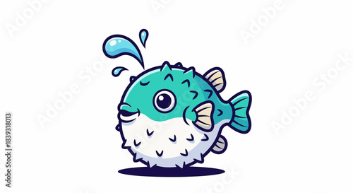 Cute cartoon pufferfish character splashing water isolated on white.