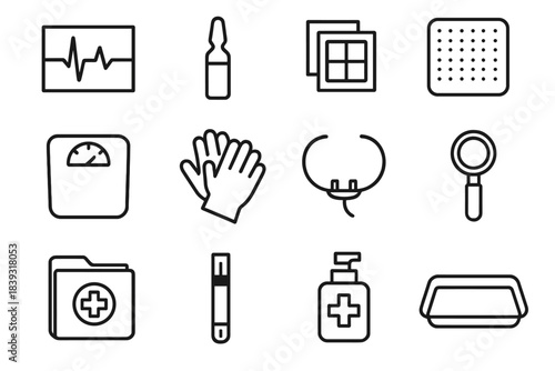 Patient Care Essentials. Patient Care & Evaluation linear set: ECG line printout, injection ampoule, sterile wipes, gauze pad, medical scale, exam gloves, nasal cannula, diagnostic