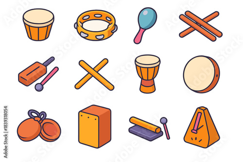 Percussion Instruments Icons. Rhythm & Percussion Set isometric flat set: hand drum, tambourine, shaker, claves, wood block, rhythm sticks, djembe, frame drum, castanets, cajón