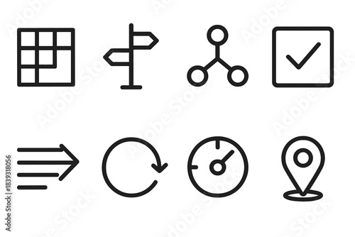 Buyer Journey Icons. Buyer journey patterns linear set: path grid, option turn icon, selection node, evaluation tile, insight arrow, decision loop, preference dial, final choice