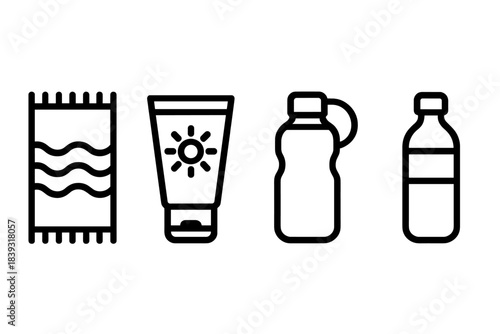 Beach Essentials Icons. Coastal Day Gear linear set: beach towel, sunscreen tube, water bottle.