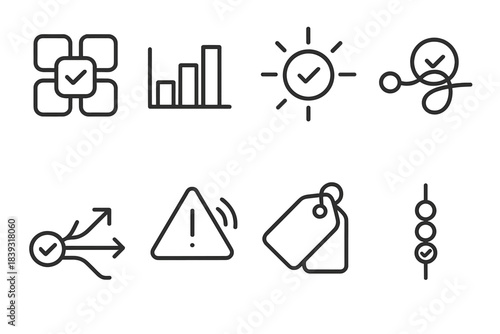 Cognitive Overload Icons. Cognitive overload patterns linear set: choice burst tile, analysis bar, clarity indicator, preference tangle node, decision scatter line, overload signal