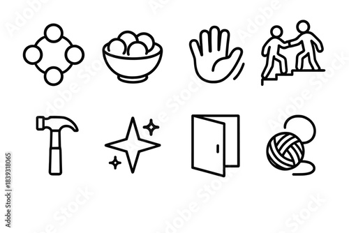 Community Symbol Icons. Neighborhood Unity linear set: gathering circle, shared meal bowl, friendly wave shape, supportive step, shared tool, guiding star, open door frame,