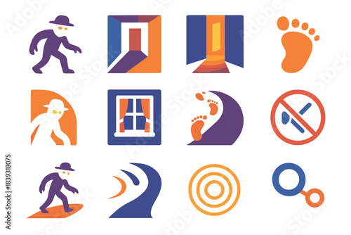 Stealth Escape Vectors. Stealth Escape flat set: shadowed figure, quiet corridor, soft glow, narrow gap, subtle footprint, hidden arc, dim window, silent trail, muted signal,