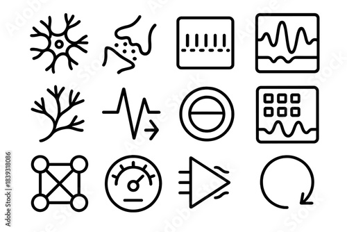 Neural Signal Icons. Neural Signal Processing linear set: neuron node tile, synaptic pathway bar, spike train dot, signal waveform panel, dendrite branch stripe, axon pulse arrow,