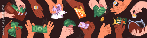 Money in hands set. Banner with people holding coins, banknotes and wallets, pay with cash or credit cards, save up and donate bills. Wealth, finances and savings. Flat isolated vector illustrations.