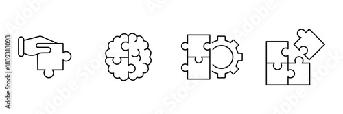 Puzzle solution icon set, helping hand piece, creative brain jigsaw, gear integration, assembled blocks progress outline minimal vector illustration.