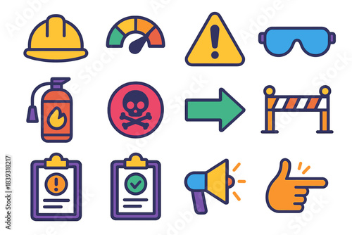 Occupational Safety Icons. Occupational Risk Prevention Set flat set: helmet icon, risk indicator, caution panel, protective eyewear, fire response kit, hazard mark, safe route