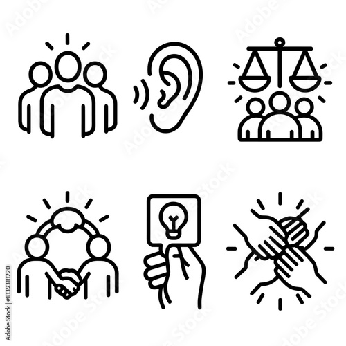 Team Spirit Icons. Supportive Team Environment linear set: group silhouettes, listening ear, balanced scale, suggestion card, unity ring, gentle glow.