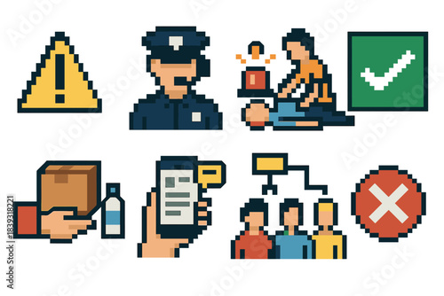 Crisis Action Icons. Crisis Action Sequence set of icons in flat pixel vector style: identify danger, alert authorities, assist injured, mark safe zone, distribute supplies, post