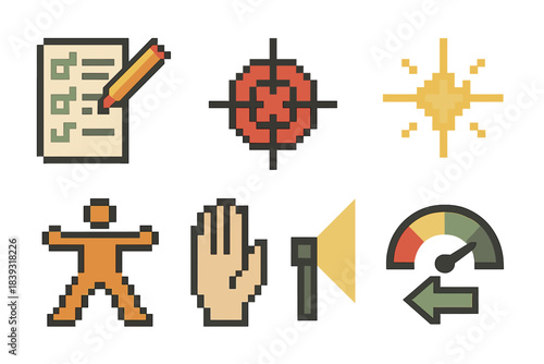 Pixel Art Response Icons. Situational Response Elements pixel style set: quick-assess checklist, focus target, cue recognition spark, adaptive stance figure, signal hand, clarity