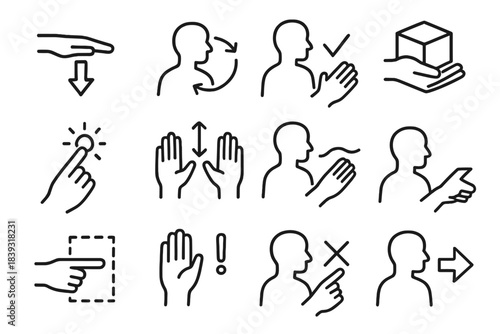 Educational Gesture Icons. Learning Support Gestures linear set: slow-down cue, repeat-motion symbol, correct-form demonstration, safe handling gesture, focus-on-detail tap,