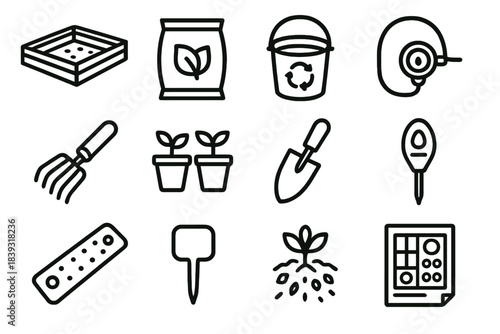 Garden Tools Outline Icons. Garden Plot Essentials linear set: bed border planks, soil amendment bag, compost bucket, drip emitter line, hand rake, seedling pots, transplant scoop,