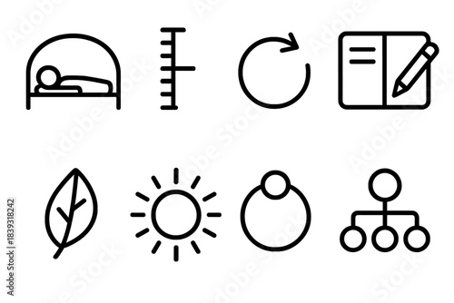 Staff Renewal Icons. Staff Renewal Activities linear set: rest period icon, grounding breath bar, light movement arrow, reflective journal tile, nature break leaf, energy-reset