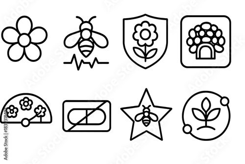 Pollinator Vitality Icons. Pollinator Vitality Set linear set: flower-resource token, bee-activity pulse, clean forage badge, nesting microhabitat tile, seasonal bloom gauge,