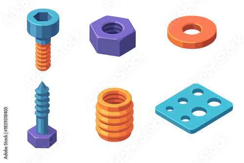Colorful Fastener Set Icons. General Fastener Set flat isometric set: socket-head bolt, hex nut, flat washer, lag screw, threaded insert, hardware gauge.