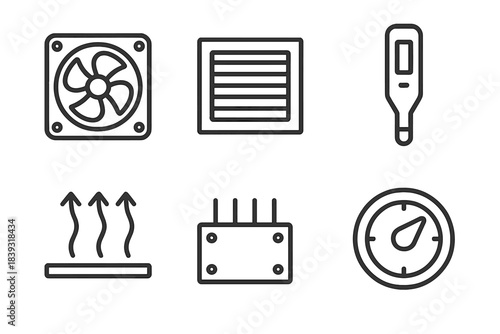Thermal System Icons. Thermal Control Systems linear set: fan module, vent grille, thermal sensor, regulated airflow path, heat spreader plate, control dial.