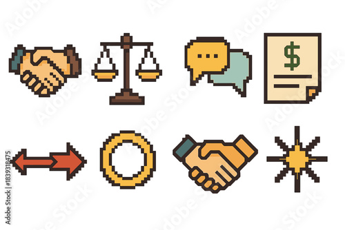 Pixel Art Negotiation Icons. General Negotiation pixel style set: handshake line, balanced scale, dialogue bubbles, offer card, counterproposal arrow, agreement ring, compromise