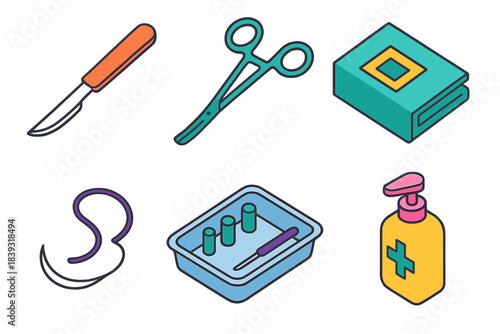 Clinical Procedure Icons. Medical Devices for Clinical Procedures isometric flat set: scalpel, surgical clamp, sterile drape, suture needle, procedure tray, disinfectant bottle.