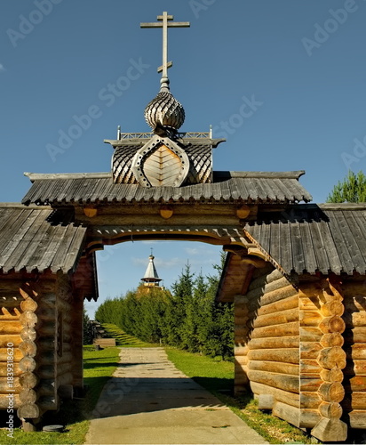 Moscow oblast. Russia.  September 27, 2023. Fragments of the decoration of wooden buildings of the fonts of the architectural complex of the holy spring Gremyachy Klyuch.