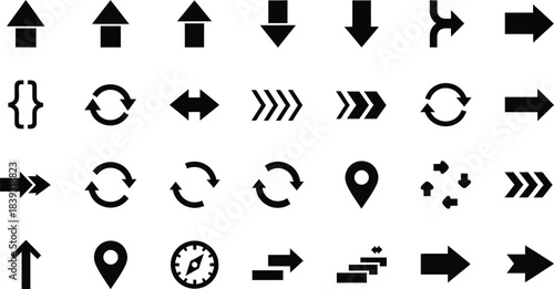 Collection of navigation and direction icons in black and white