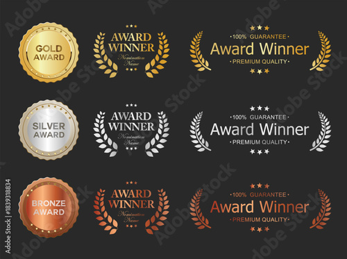 Number 1 award winner, Best Quality Luxury Gold Bronze Silver badge premium emblem isolated on black background stock illustration 