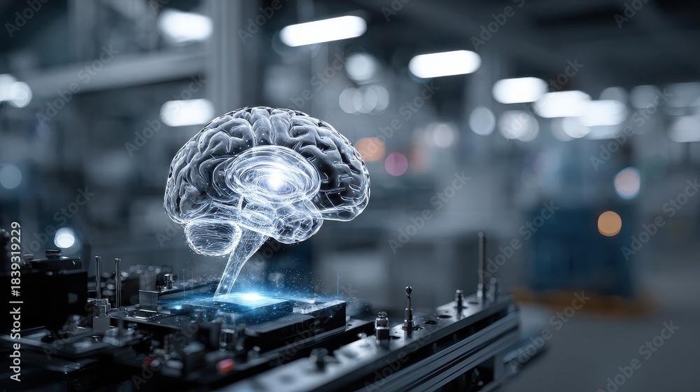 Obraz premium artificial intelligence brain in factory lab for futuristic research technology innovation and machine learning network and ai tools as wide banner hologram