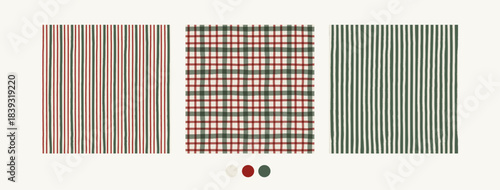 Christmas tartan seamless pattern set with cozy cottagecore aesthetic. Retro hand drawn charming cottage core gingham backgrounds collection. Vintage plaid pattern set, green and red wallpaper