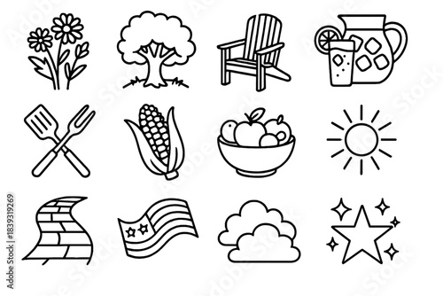 Summer Festive Icons. Independence Day Seasonal Joy linear set: blooming wildflowers, shady tree spot, outdoor chair, iced tea pitcher, grill tools, fresh corn, fruit bowl,